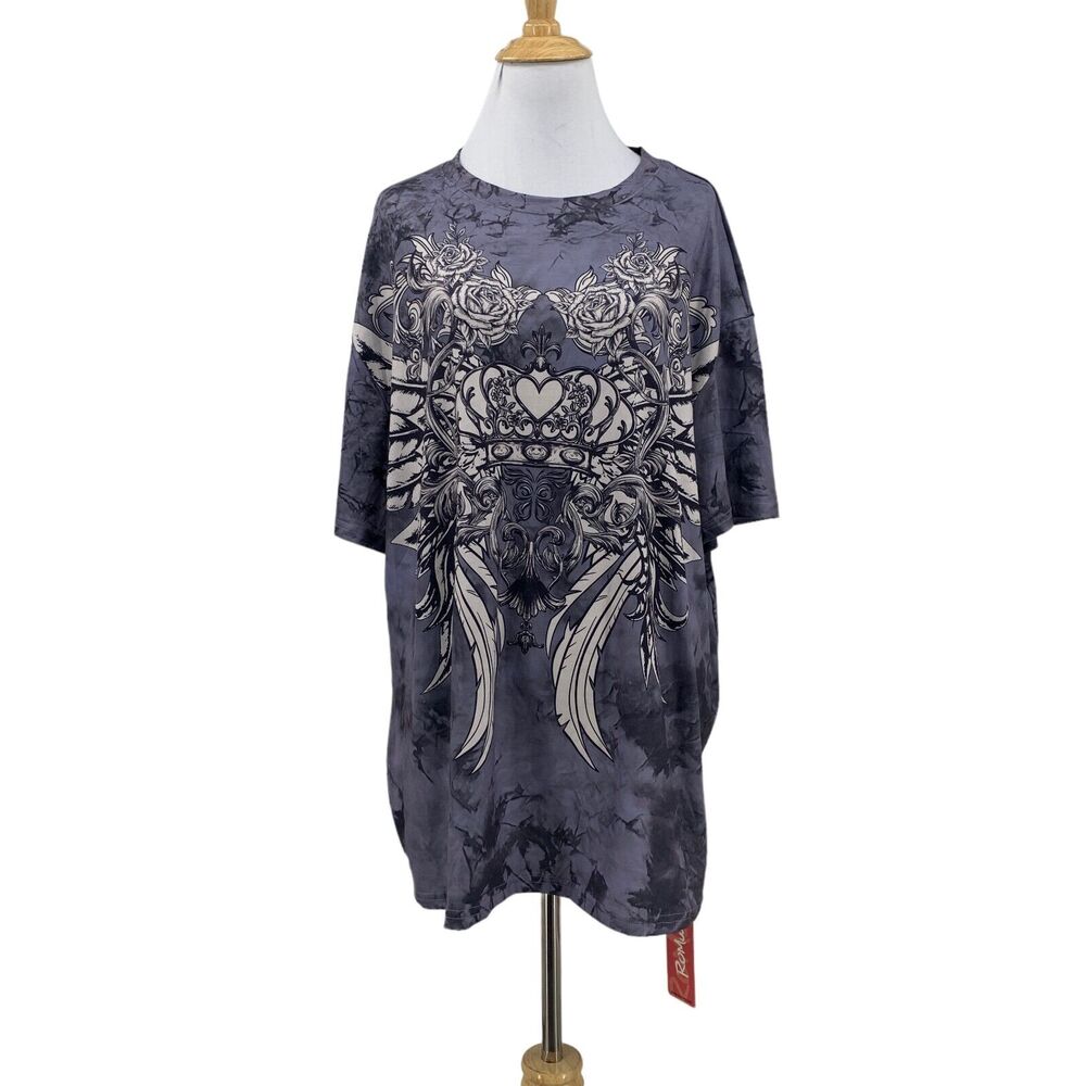 Romwe Tattoo Tie Dye Tee Womens M Medium Crown Roses Angel Wings Heart Shirt
